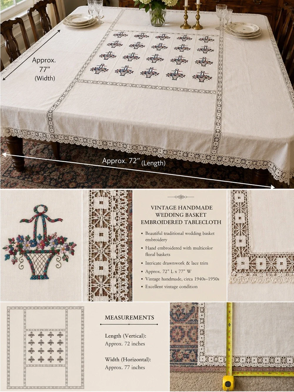 Vintage Wedding Basket Handmade Embroidered Linen Lace Tablecloth 72x77